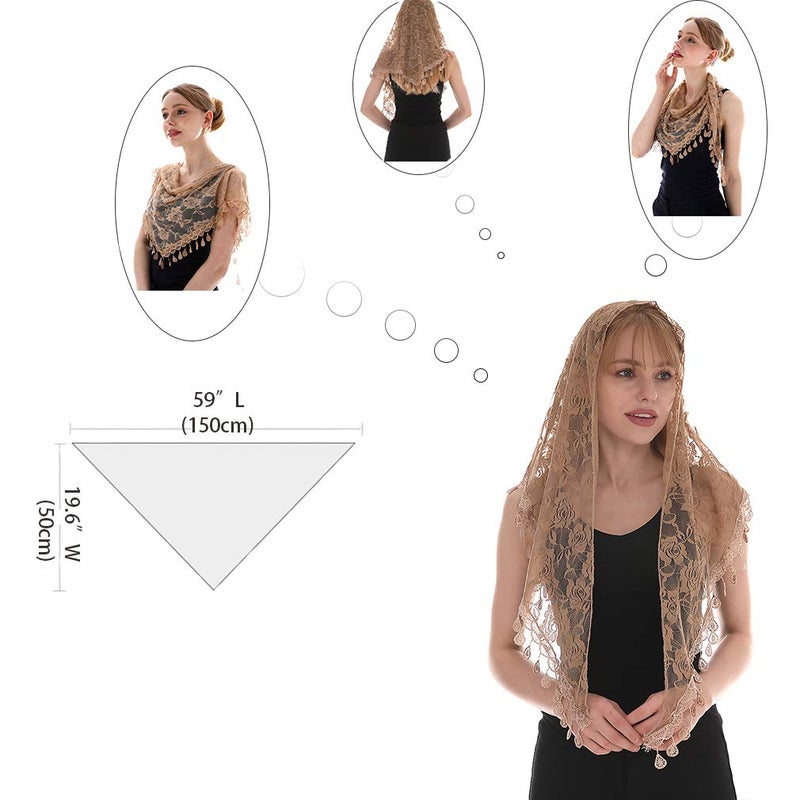 LMVERNA Triangle Tassel Mantilla Veil Lightweight Fashion Floral Soft Lace Scarf (Nude) - Image 2